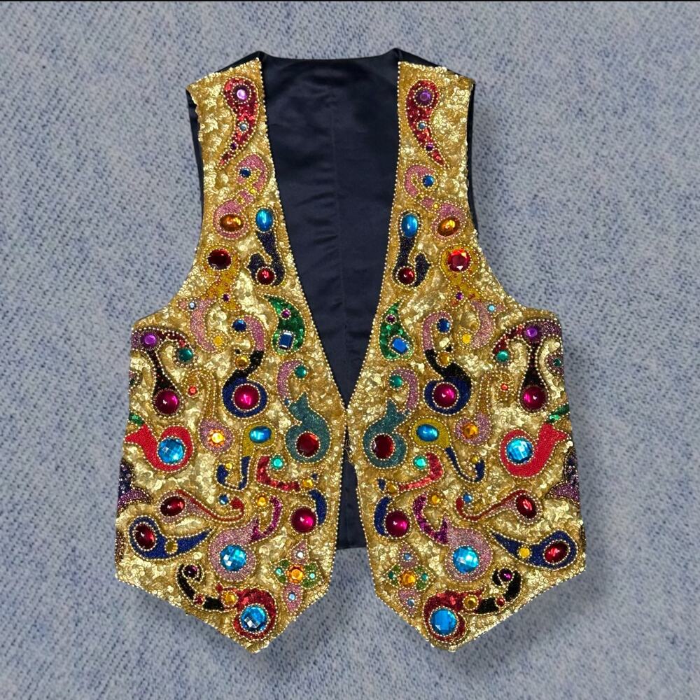 Vintage Gold Sequin & Beaded Embellished Vest - Multicolor Gems